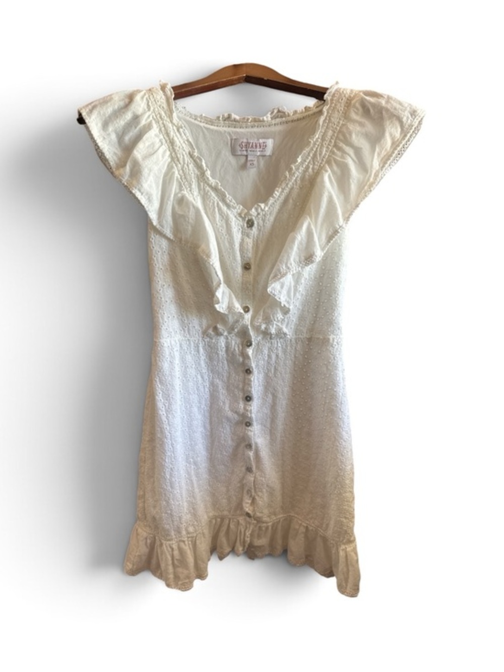 Shyanne Women’s XS White Eyelet Ruffled Abalone Button Up Mini Dress Casual Lace